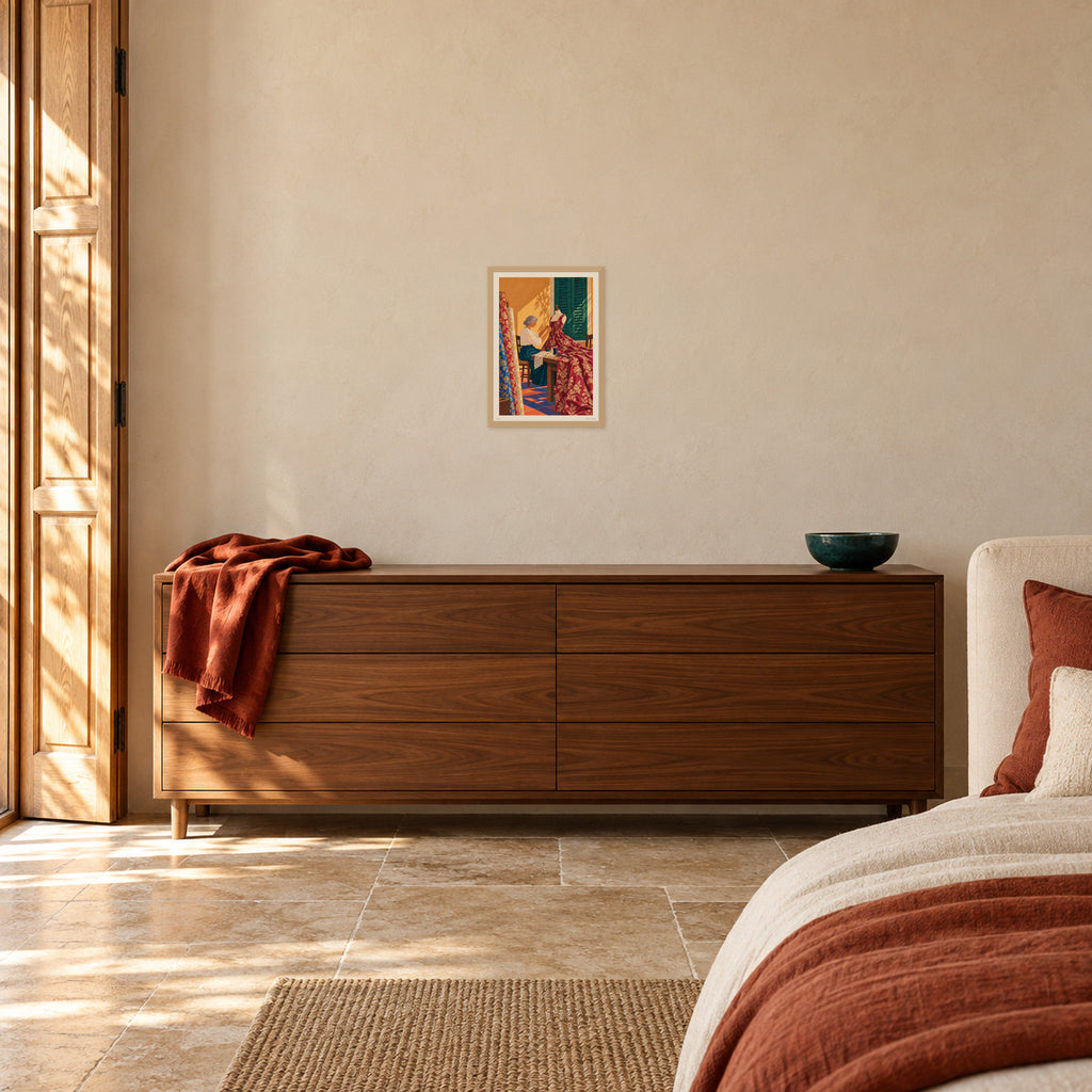 Fil de seda · lámina A3 enmarcada en roble, dormitorio valenciano