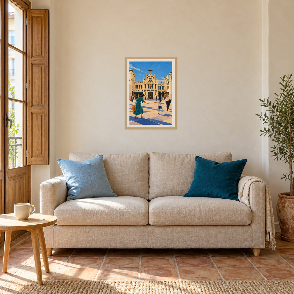 Ja eres ací · A2 print in an oak frame, Valencian living room