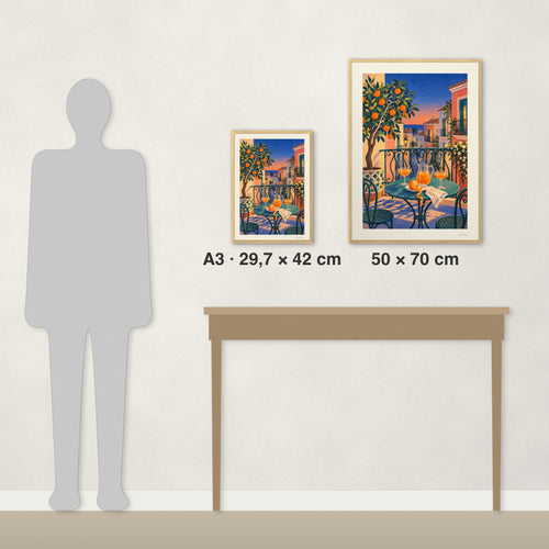 Agua de València: comparación de tamaños reales, A3 · 29,7 × 42 cm y 50 × 70 cm, junto a una consola y una silueta de 1,70 m