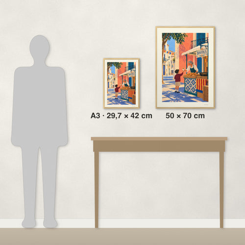 Bunyols de març: comparación de tamaños reales, A3 · 29,7 × 42 cm y 50 × 70 cm, junto a una consola y una silueta de 1,70 m