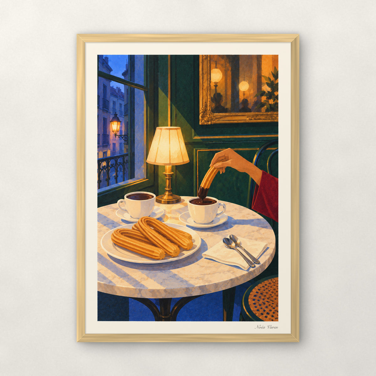 Chocolat à l’aube, encadré A3 · 29,7 × 42 cm, cadre bois naturel