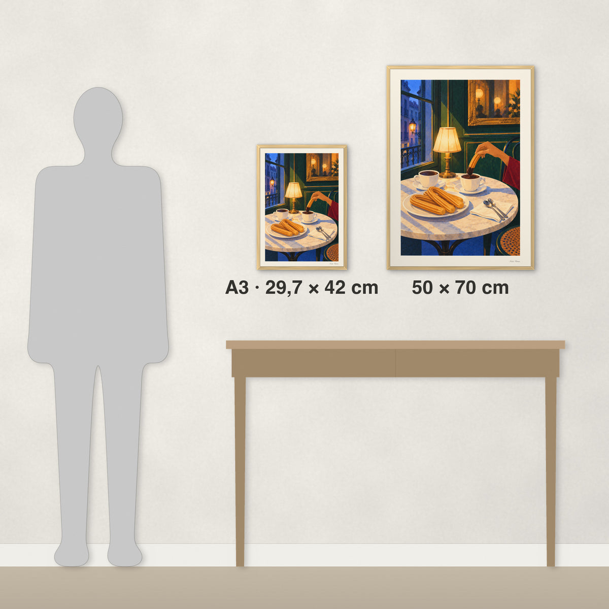 Chocolat à l’aube : comparaison des tailles réelles, A3 · 29,7 × 42 cm et 50 × 70 cm, à côté d’une console et d’une silhouette de 1,70 m