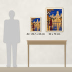 Cibeles après la pluie : comparaison des tailles réelles, A3 · 29,7 × 42 cm et 50 × 70 cm, à côté d’une console et d’une silhouette de 1,70 m