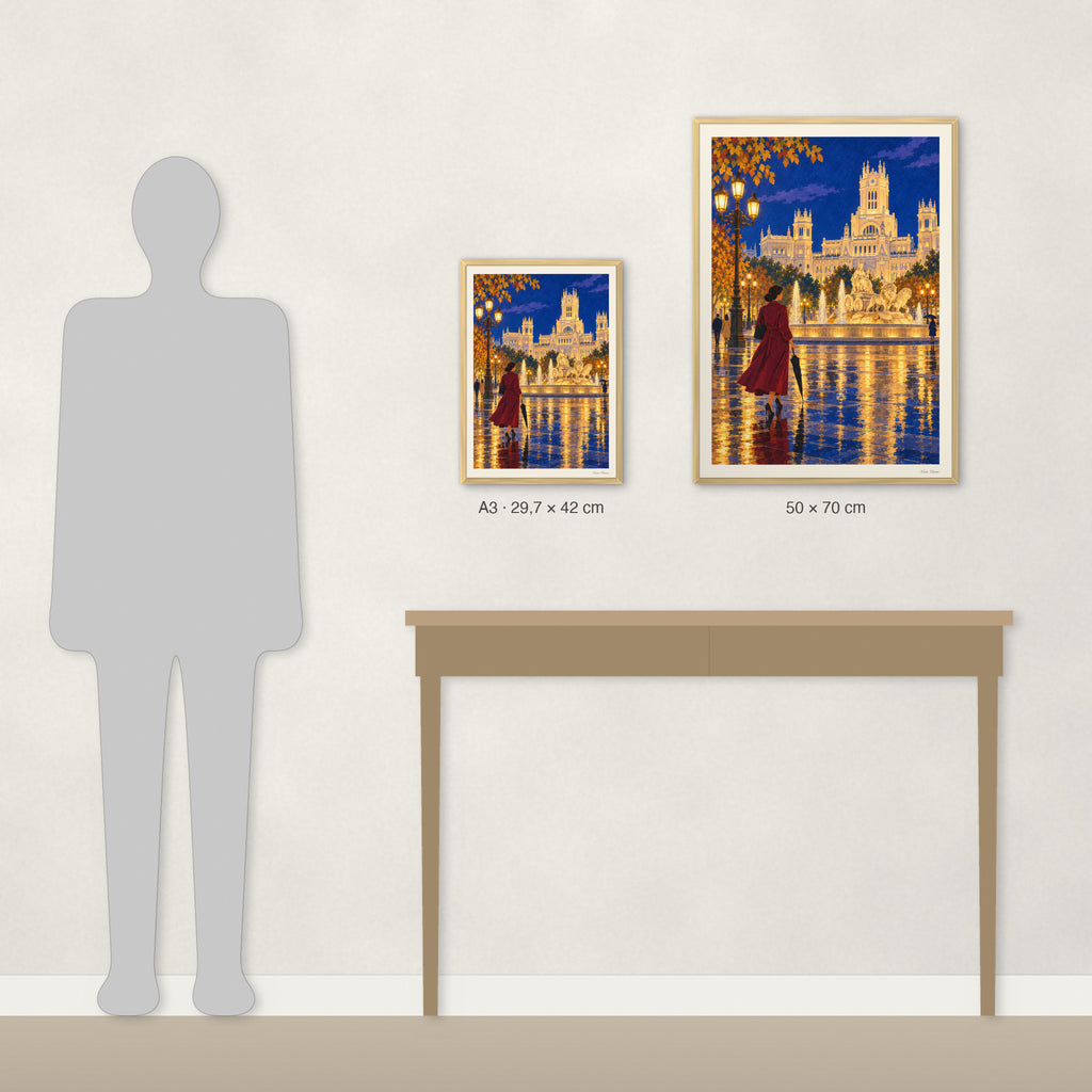Comparaison des tailles réelles : A3 · 29,7 × 42 cm et 50 × 70 cm, à côté d’une console et d’une silhouette de 1,70 m