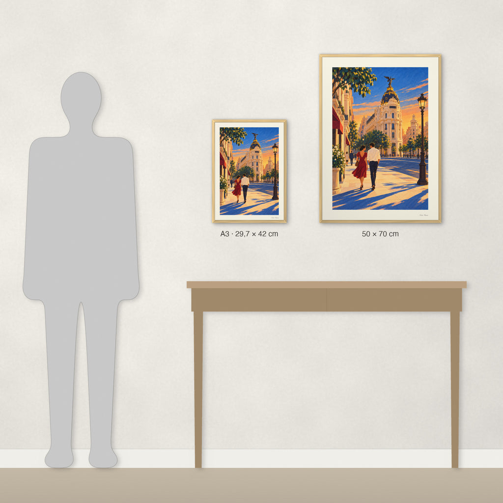 Comparaison des tailles réelles : A3 · 29,7 × 42 cm et 50 × 70 cm, à côté d’une console et d’une silhouette de 1,70 m