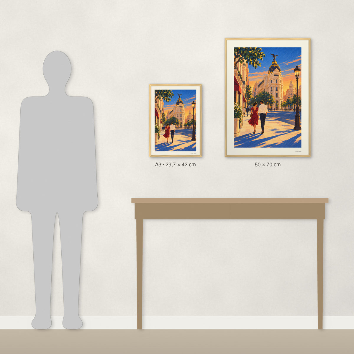 Comparaison des tailles réelles : A3 · 29,7 × 42 cm et 50 × 70 cm, à côté d’une console et d’une silhouette de 1,70 m