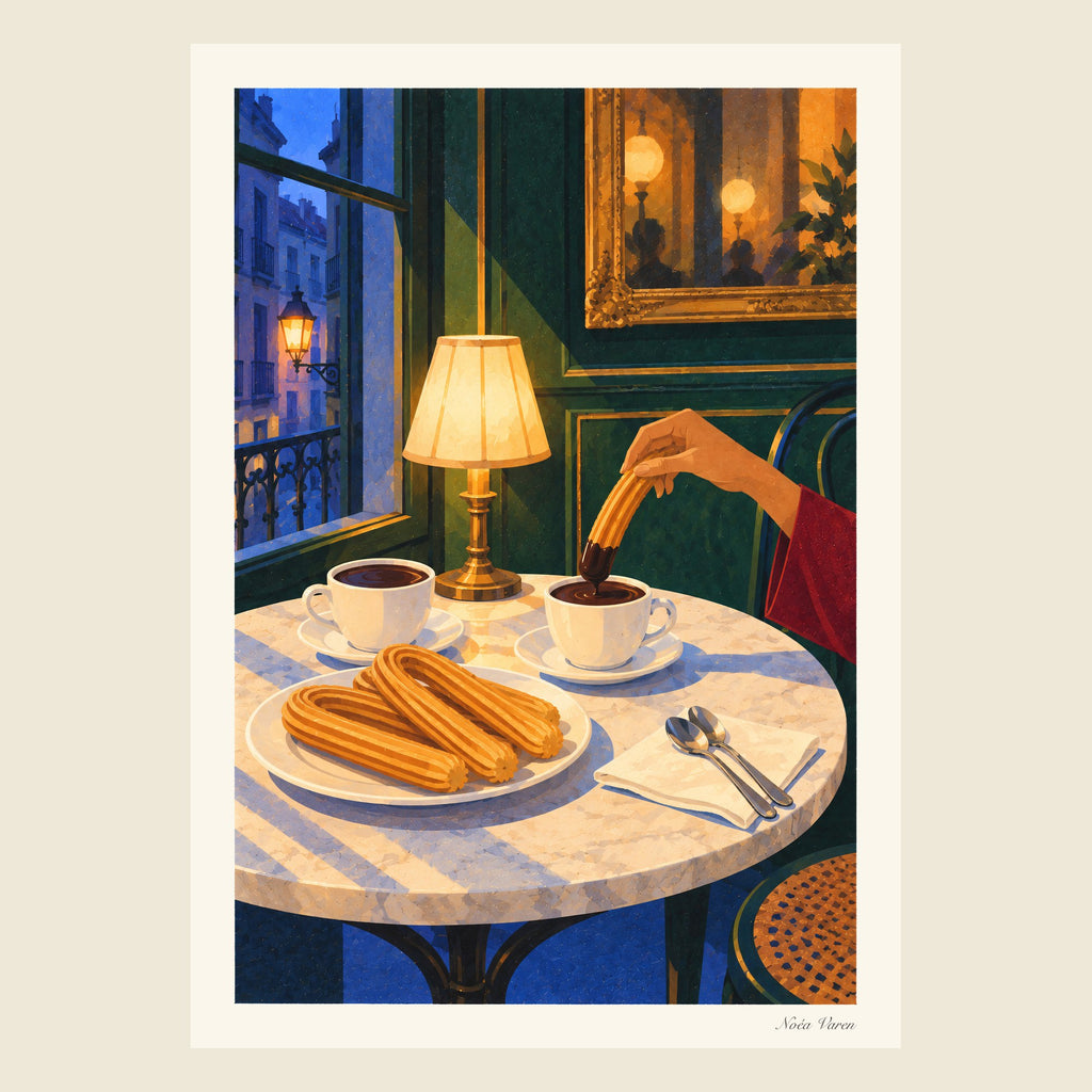 Chocolat à l’aube, tirage d’art ORENOA : chocolat et churros sur une table de marbre d’une chocolatería de Madrid, à l’aube