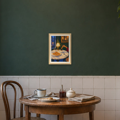 Image d’ambiance · Chocolat à l’aube encadrée, cadre bois naturel, dans une cuisine, près d’une table ronde