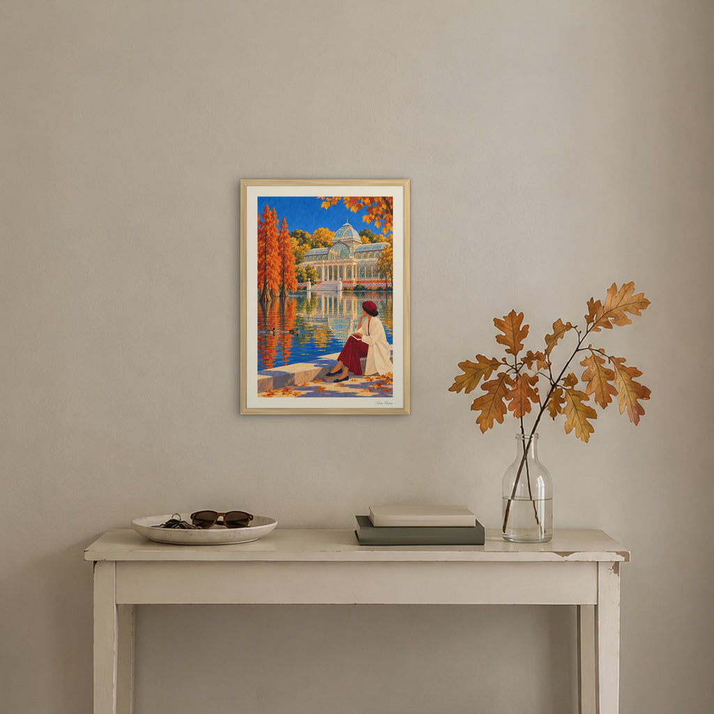 Image d’ambiance · Automne au Palais de Cristal encadrée en A3, cadre bois naturel, au-dessus d’une console