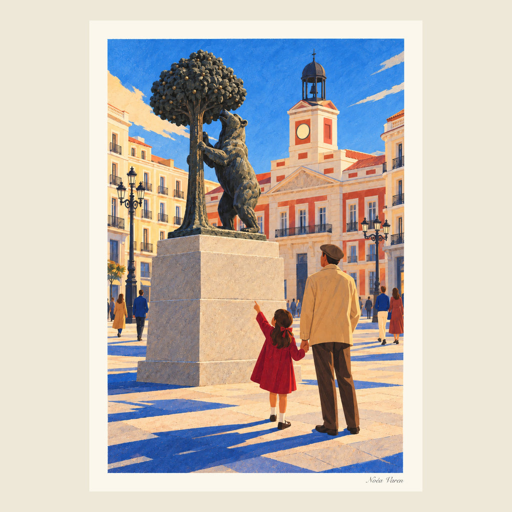 L’ours du matin, tirage d’art ORENOA : l’Ours et l’Arbousier de la Puerta del Sol à Madrid, dans la lumière du matin
