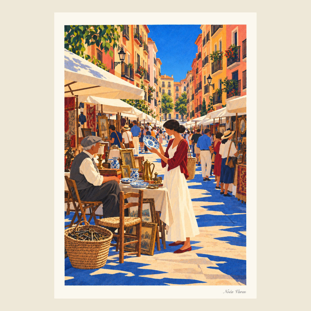 Dimanche au Rastro, tirage d’art ORENOA : le marché du Rastro sur la Ribera de Curtidores à Madrid, un dimanche matin