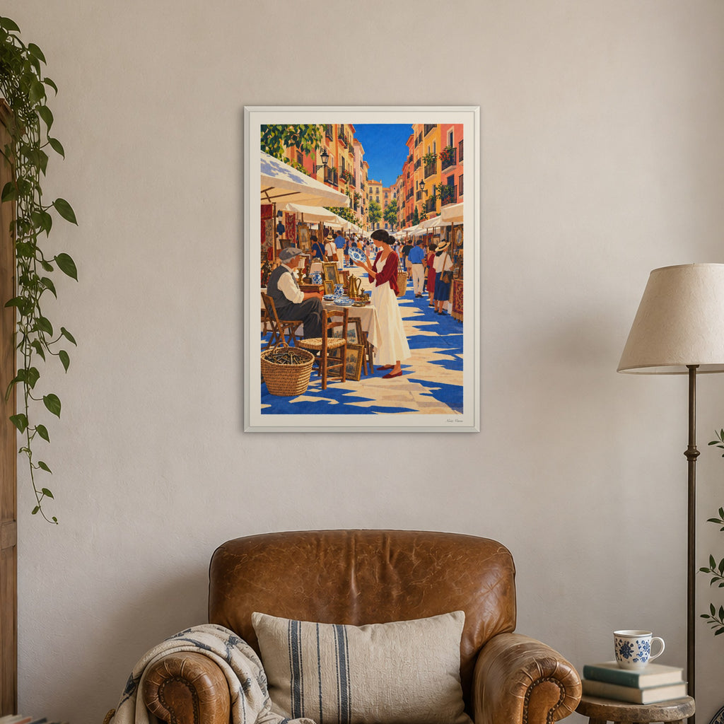 Image d’ambiance · Dimanche au Rastro encadrée en 50 × 70 cm, cadre blanc, près d’un fauteuil de lecture
