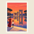 Coucher de soleil à Debod, tirage d’art ORENOA : le Templo de Debod à Madrid au coucher du soleil, reflété dans son bassin