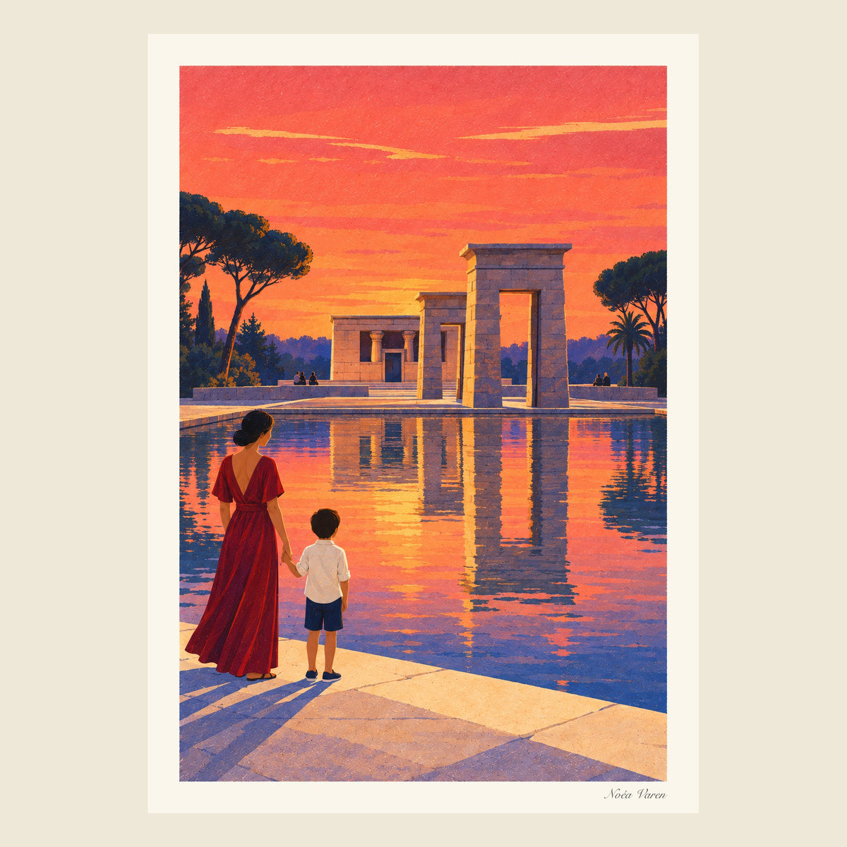 Coucher de soleil à Debod, tirage d’art ORENOA : le Templo de Debod à Madrid au coucher du soleil, reflété dans son bassin
