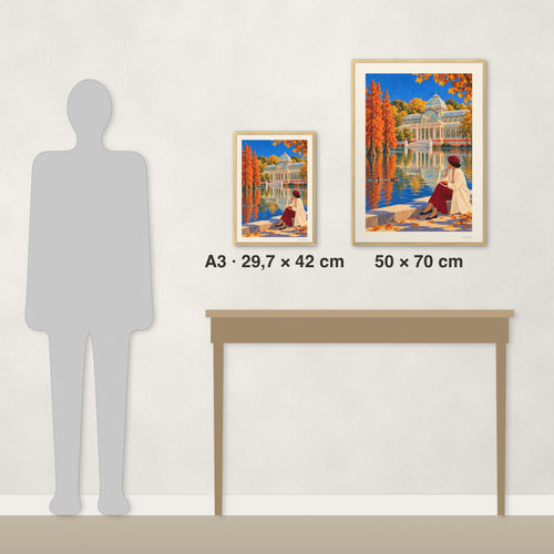 Otoño en el Palacio de Cristal: comparación de tamaños reales, A3 · 29,7 × 42 cm y 50 × 70 cm, junto a una consola y una silueta de 1,70 m