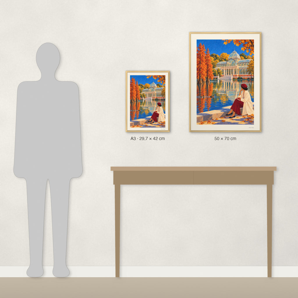 Comparaison des tailles réelles : A3 · 29,7 × 42 cm et 50 × 70 cm, à côté d’une console et d’une silhouette de 1,70 m
