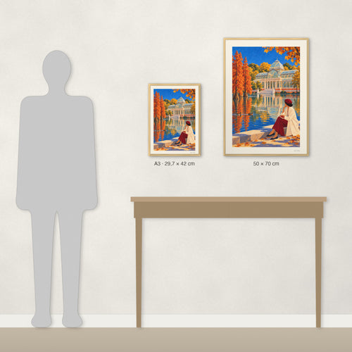 Comparaison des tailles réelles : A3 · 29,7 × 42 cm et 50 × 70 cm, à côté d’une console et d’une silhouette de 1,70 m