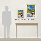 La corniche au printemps : comparaison des tailles réelles, A3 · 29,7 × 42 cm et 50 × 70 cm, à côté d’une console et d’une silhouette de 1,70 m