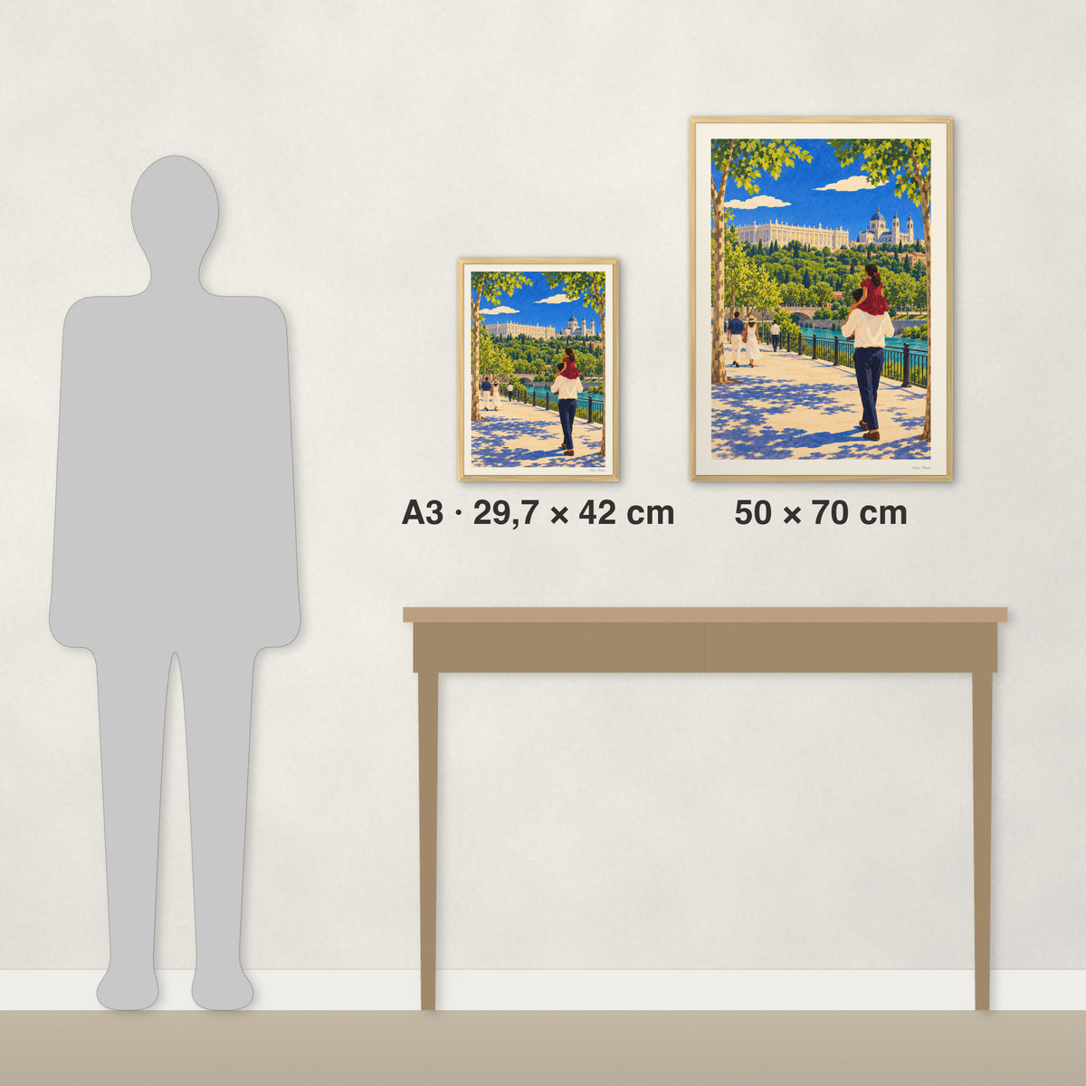 La corniche au printemps : comparaison des tailles réelles, A3 · 29,7 × 42 cm et 50 × 70 cm, à côté d’une console et d’une silhouette de 1,70 m