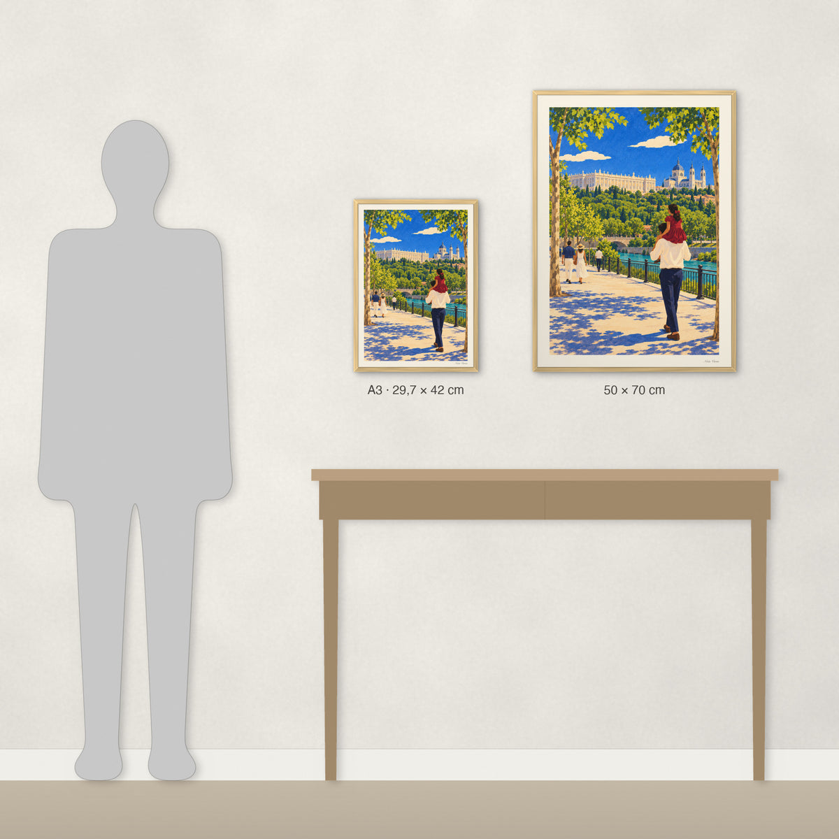 Comparaison des tailles réelles : A3 · 29,7 × 42 cm et 50 × 70 cm, à côté d’une console et d’une silhouette de 1,70 m