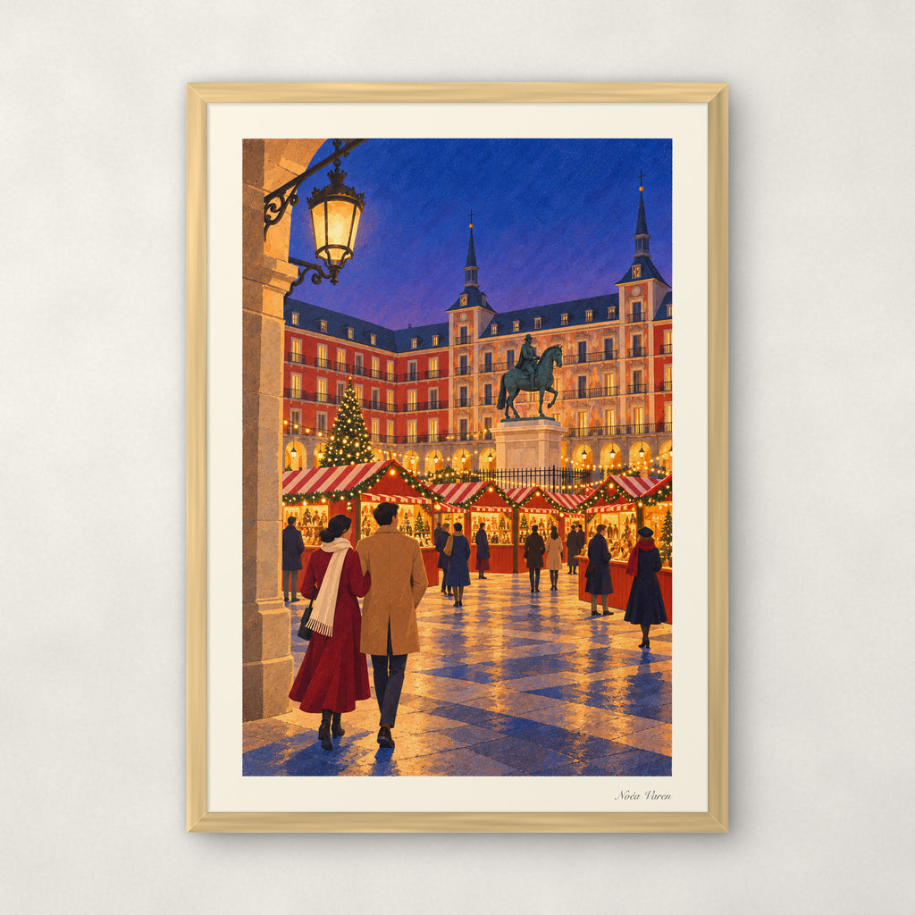 Lumières de la Plaza Mayor, encadré A3 · 29,7 × 42 cm, cadre bois naturel