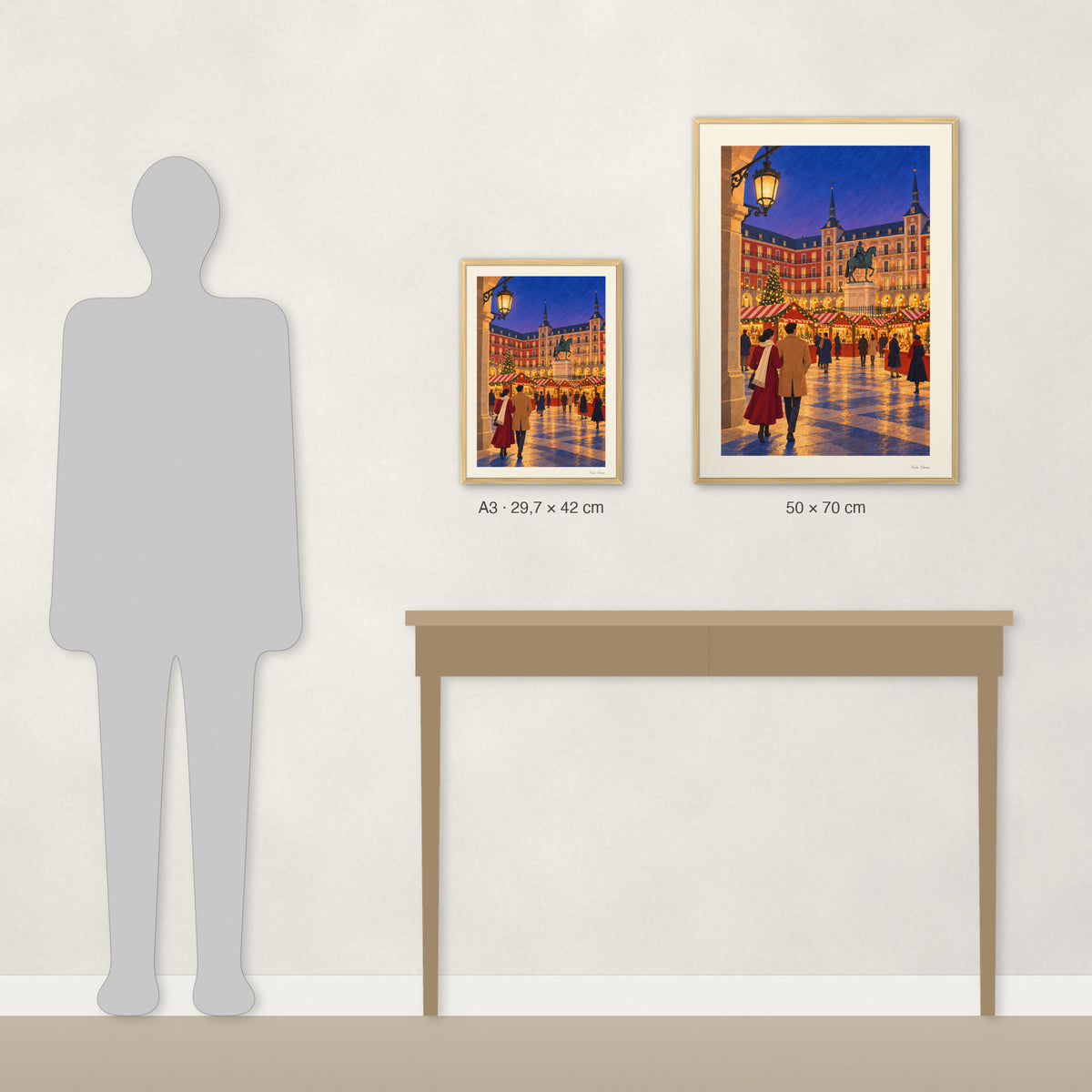 Comparaison des tailles réelles : A3 · 29,7 × 42 cm et 50 × 70 cm, à côté d’une console et d’une silhouette de 1,70 m