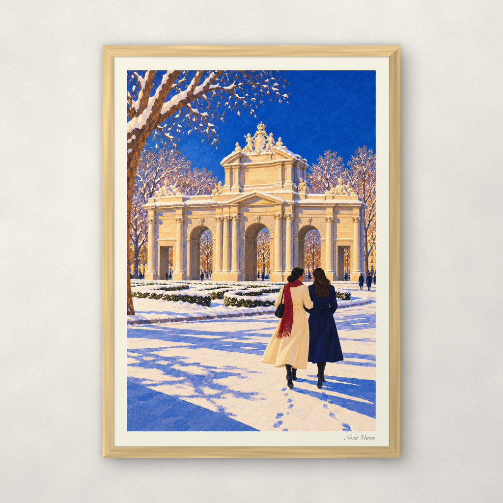 Neige sur Alcalá, encadré A3 · 29,7 × 42 cm, cadre bois naturel