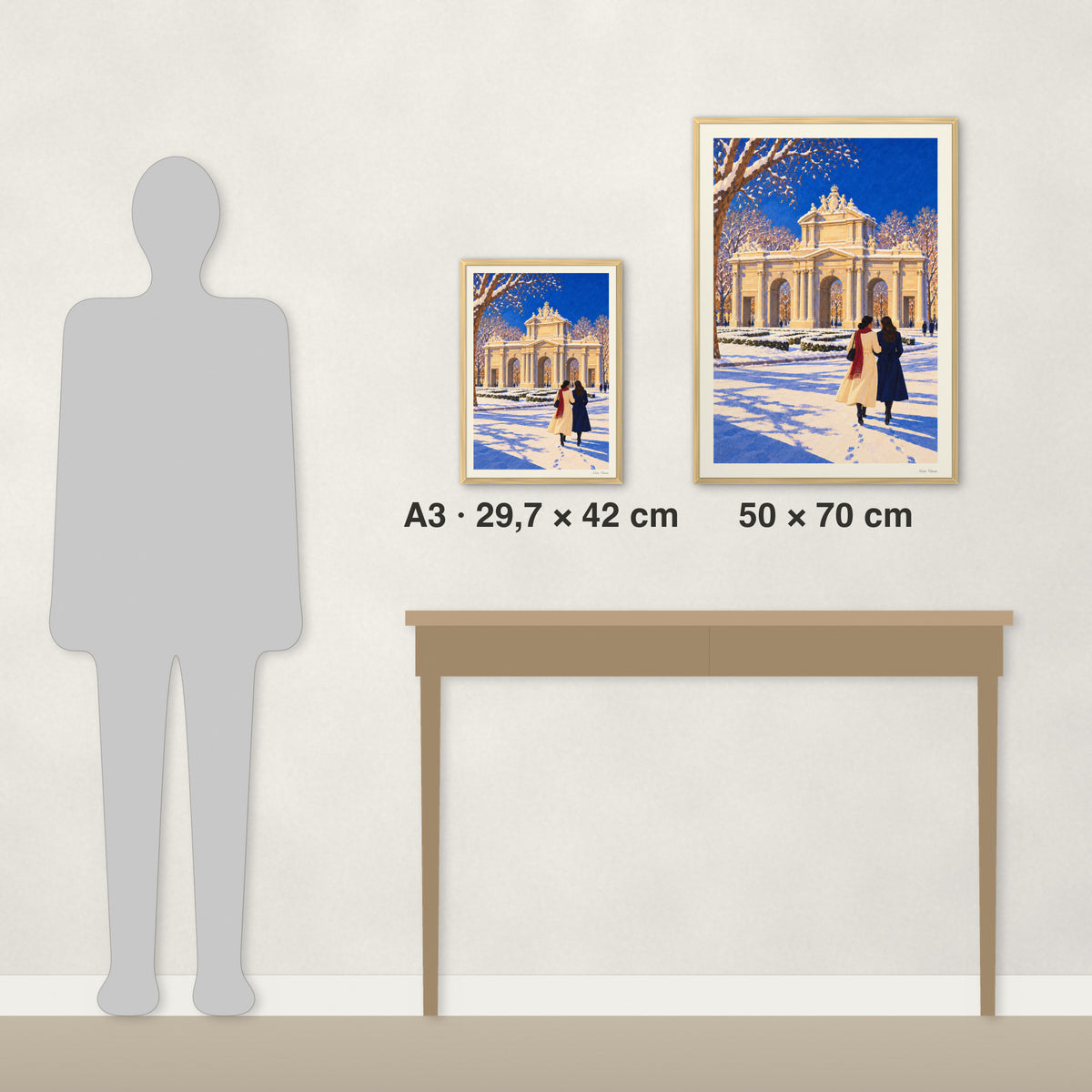 Neige sur Alcalá : comparaison des tailles réelles, A3 · 29,7 × 42 cm et 50 × 70 cm, à côté d’une console et d’une silhouette de 1,70 m