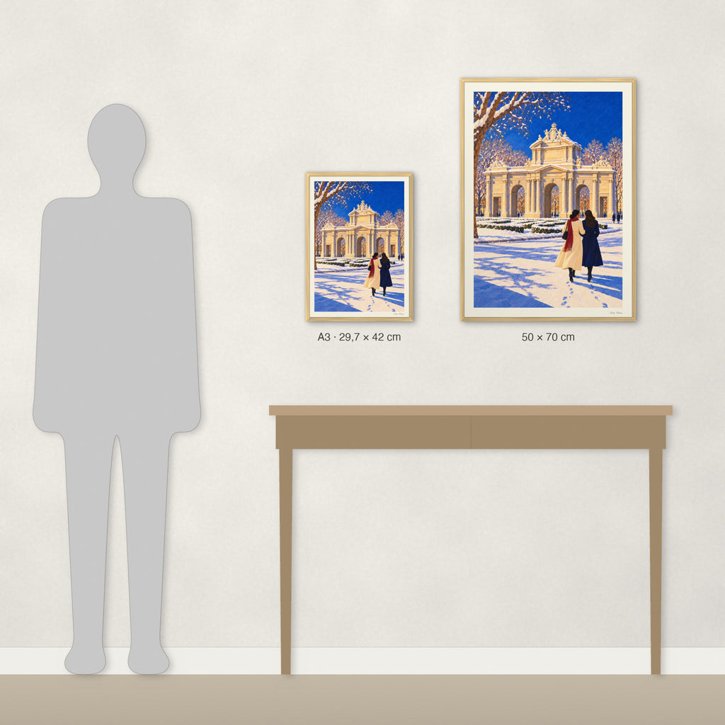 Comparaison des tailles réelles : A3 · 29,7 × 42 cm et 50 × 70 cm, à côté d’une console et d’une silhouette de 1,70 m