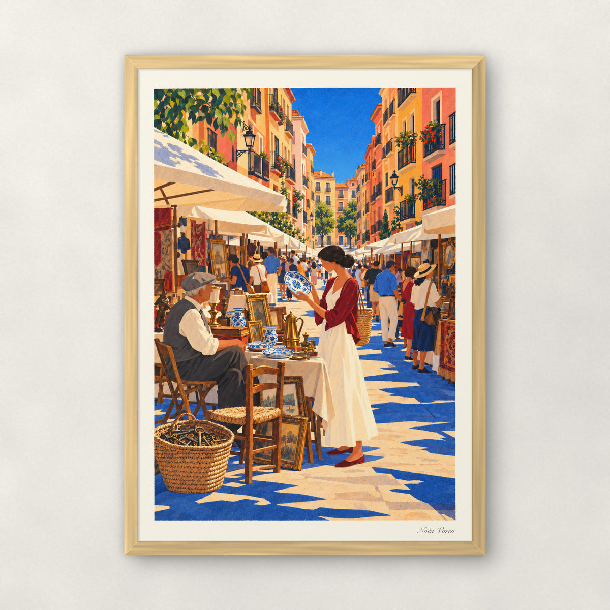 Dimanche au Rastro, encadré A3 · 29,7 × 42 cm, cadre bois naturel