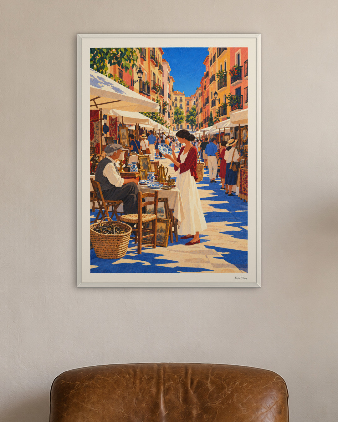 Dimanche au Rastro chez soi : encadrée en 50 × 70 cm, cadre blanc