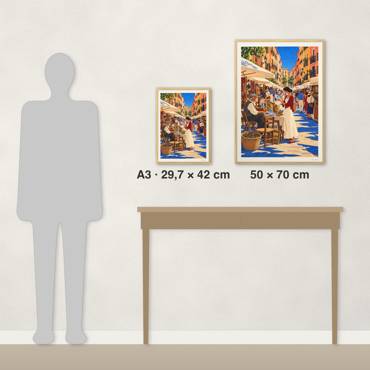 Dimanche au Rastro : comparaison des tailles réelles, A3 · 29,7 × 42 cm et 50 × 70 cm, à côté d’une console et d’une silhouette de 1,70 m
