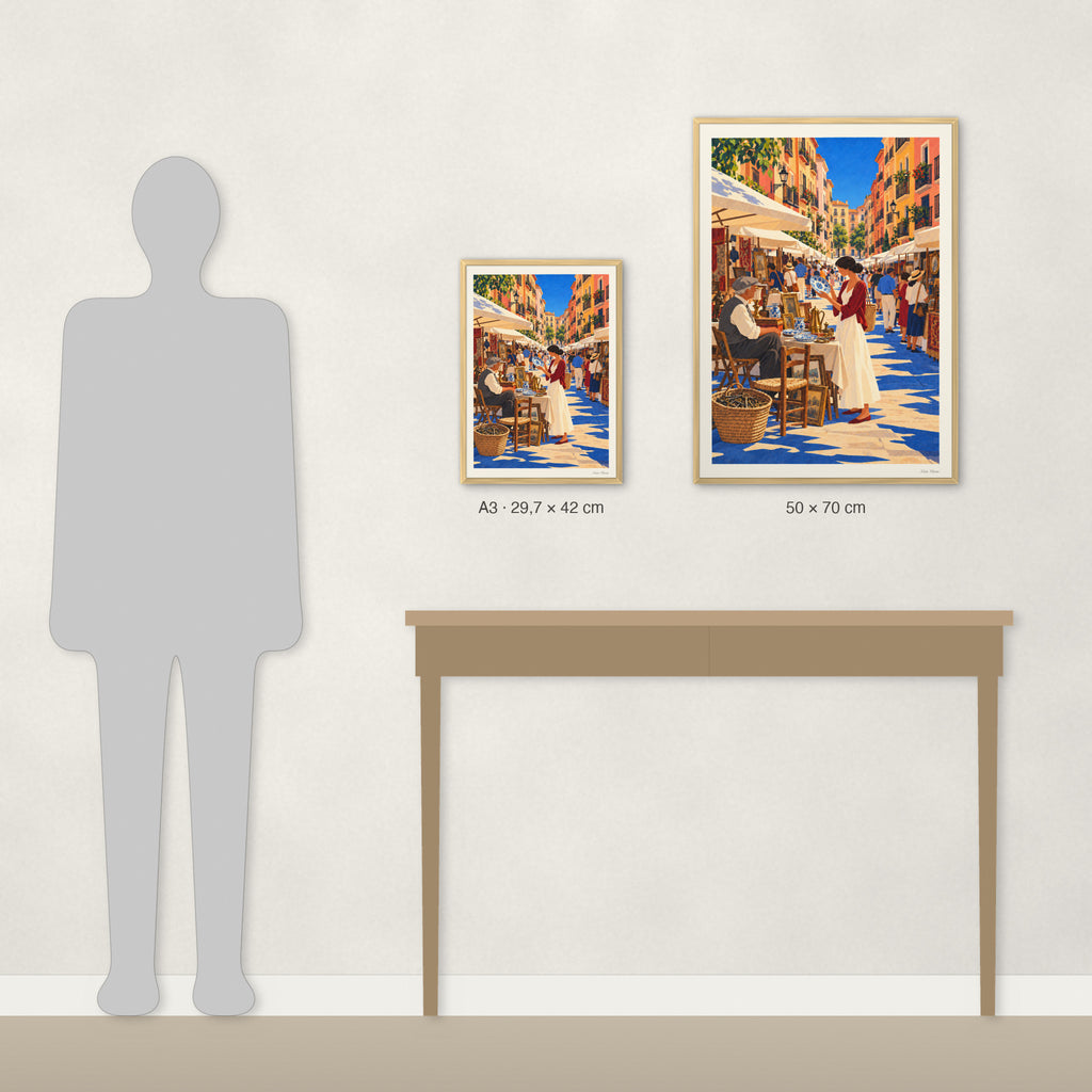 Comparaison des tailles réelles : A3 · 29,7 × 42 cm et 50 × 70 cm, à côté d’une console et d’une silhouette de 1,70 m