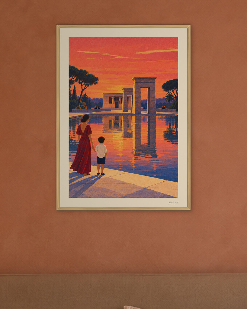 Coucher de soleil à Debod chez soi : encadrée en 50 × 70 cm, cadre bois naturel