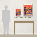 Coucher de soleil à Debod : comparaison des tailles réelles, A3 · 29,7 × 42 cm et 50 × 70 cm, à côté d’une console et d’une silhouette de 1,70 m