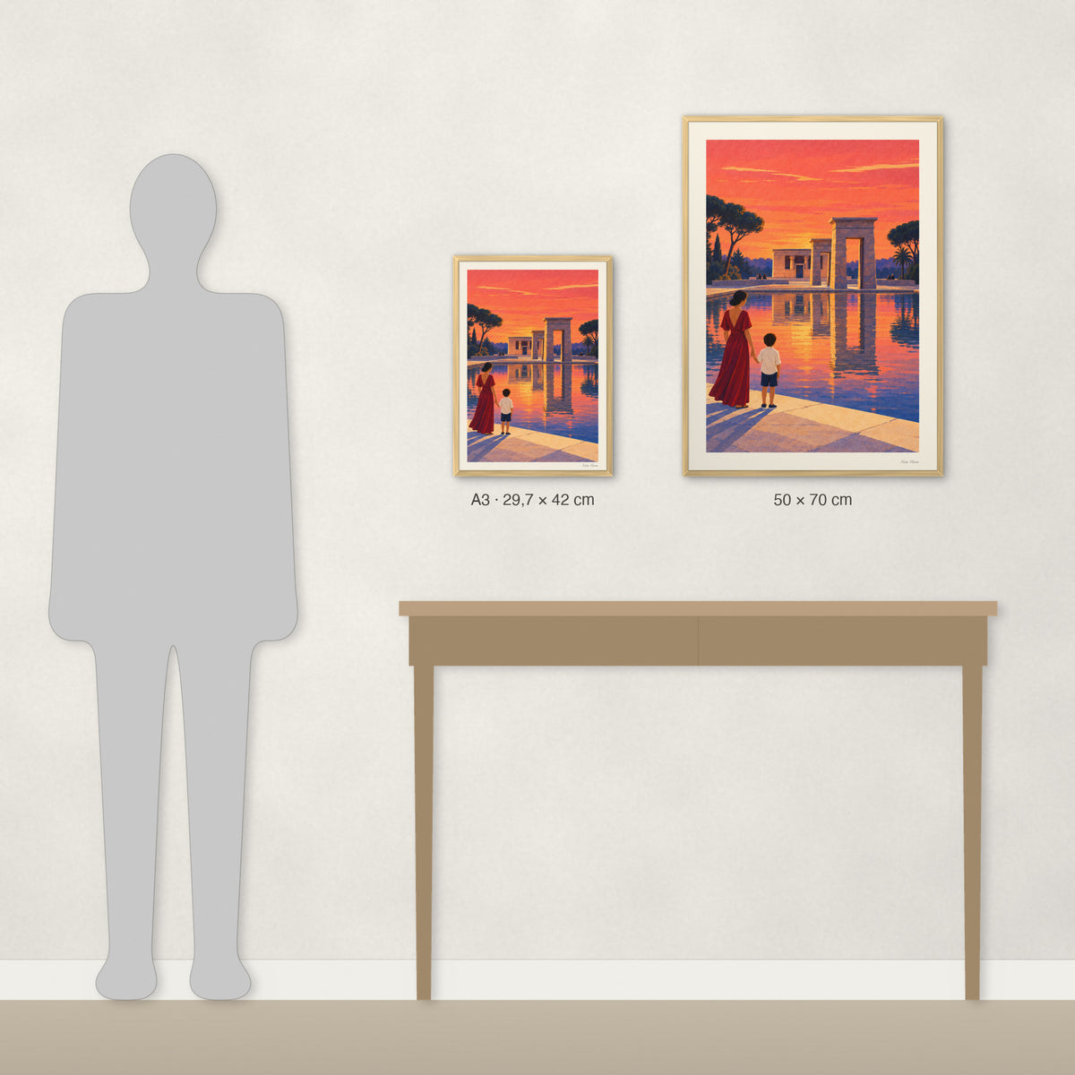Comparaison des tailles réelles : A3 · 29,7 × 42 cm et 50 × 70 cm, à côté d’une console et d’une silhouette de 1,70 m